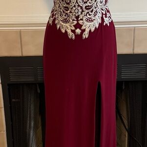 Mori Lee Burgundy Prom Dress with Silver Embellished Bodice